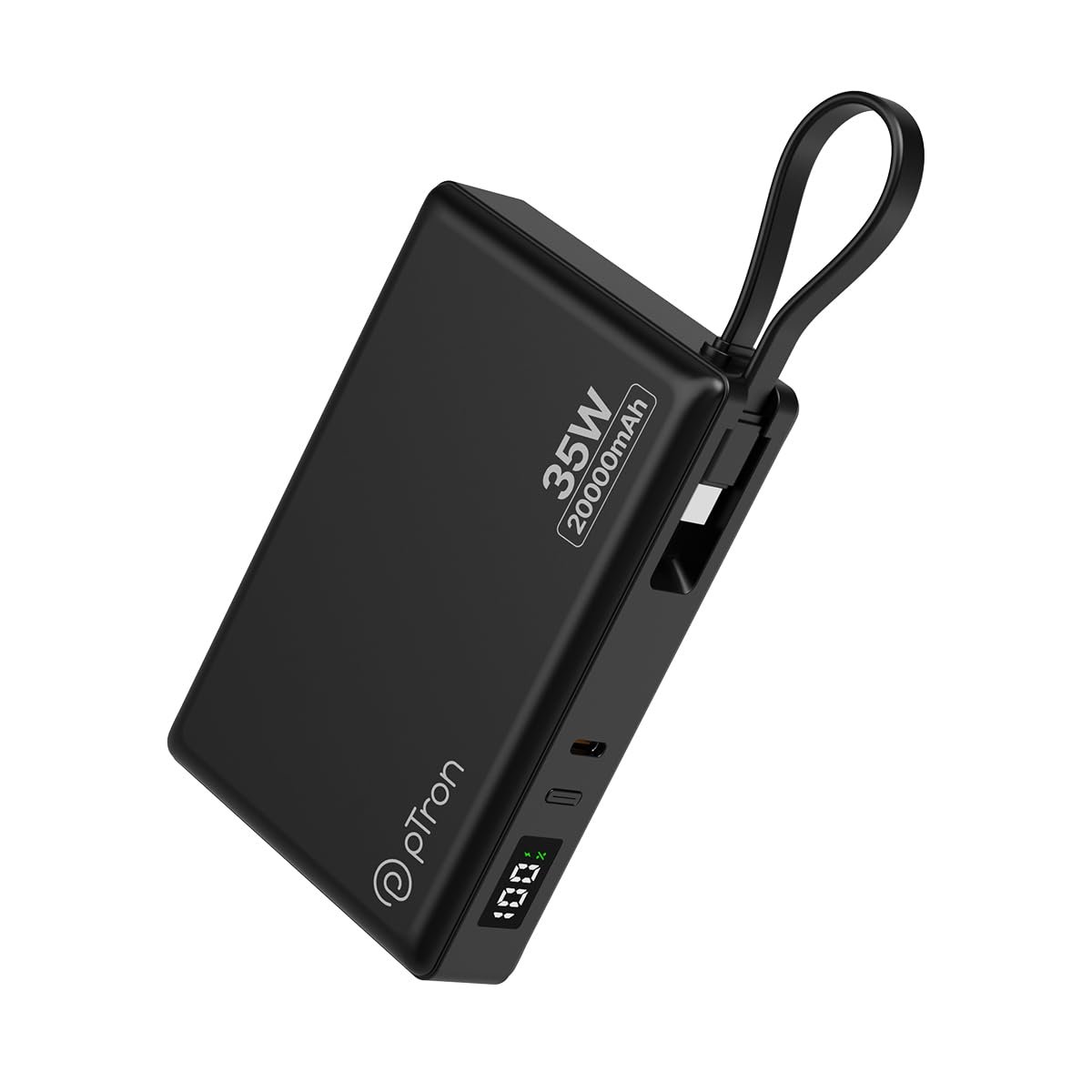 pTron Dynamo Sprint 20000mAh Power Bank w/Built-in Charging Cable, 35W Super Fast Charging, USB Type-C Input Powerbank Compatible with QC3.0/PD3.0, 3 Charging Outputs, Type-C Input/Output Port(Black)