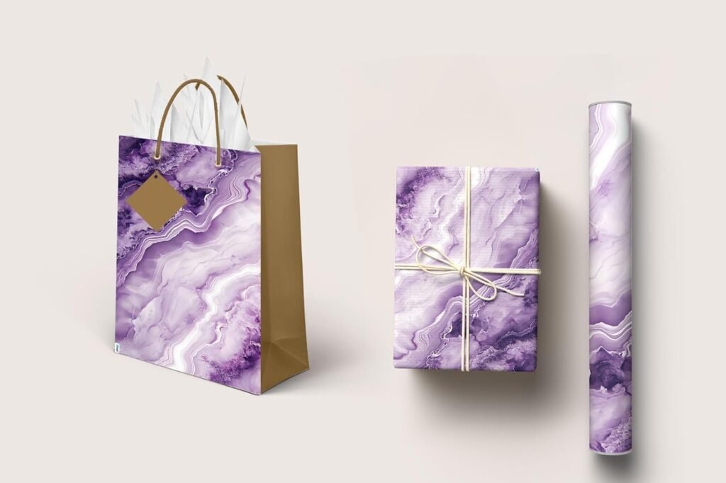 Sainet™ Gift Bags – Combo Paper Bags & Gift Wrapping Paper for Return Gifts, Small Gift Carry Bag, Gifting, Bags with Butter Paper and Thank You Card – Pack of 20, Purple Haze & Purple Marble