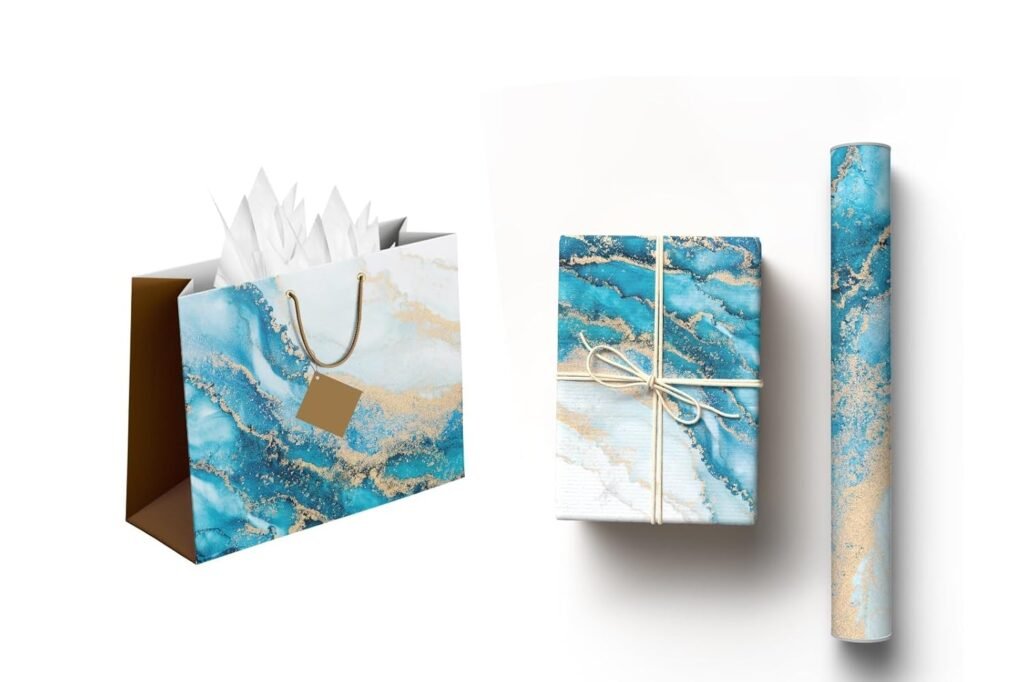 Sainet™ Gift Bags – Combo Paper Bags & Gift Wrapping Paper for Return Gifts, Large Gift Carry Bag, Gifting, Bags with Butter Paper and Thank You Card – Pack of 20, Coastal Chic & Blue Marble