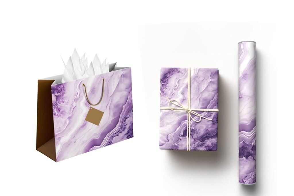 Sainet™ Gift Bags – Combo Paper Bags & Gift Wrapping Paper for Return Gifts, Large Gift Carry Bag, Gifting, Bags with Butter Paper and Thank You Card – Pack of 20, Purple Haze & Purple Marble