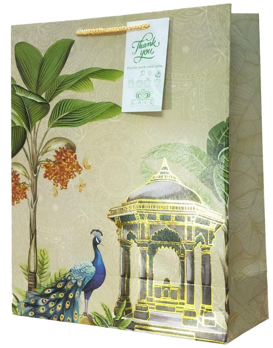 LAKS BUNDLE OF LOVE® – Gift bags – Paper Bags – Paper Bags For Return Gifts – Return gift bags – Gift bags Medium Size – 12x10x4 inch – With Seed Paper Thank You Card (Green, Pack of 5)