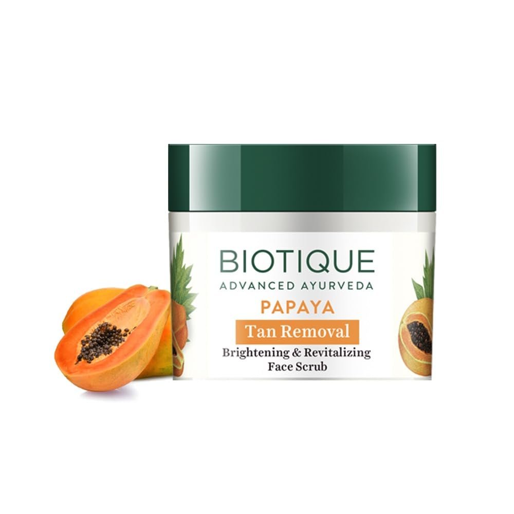 Biotique Papaya Tan Removal Brightening & Revitalizing Face Scrub | Gentle Exfoliation | Smooth and Clear Complexation | 100% Botanical Extracts| Suitable for All Skin Types | 75g