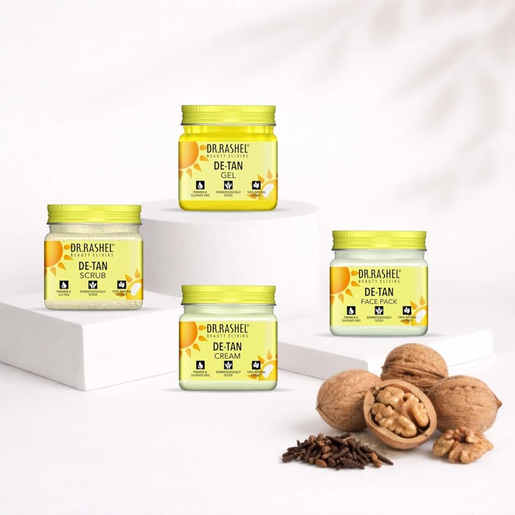 DR.RASHEL De-Tan Skincare Gift Kit | Scrub, Gel, Cream & Face Pack | With Natural Extracts | Tan Removal | Skin Brightening & Soothing | Ideal for Gifting(45mlx4)Each