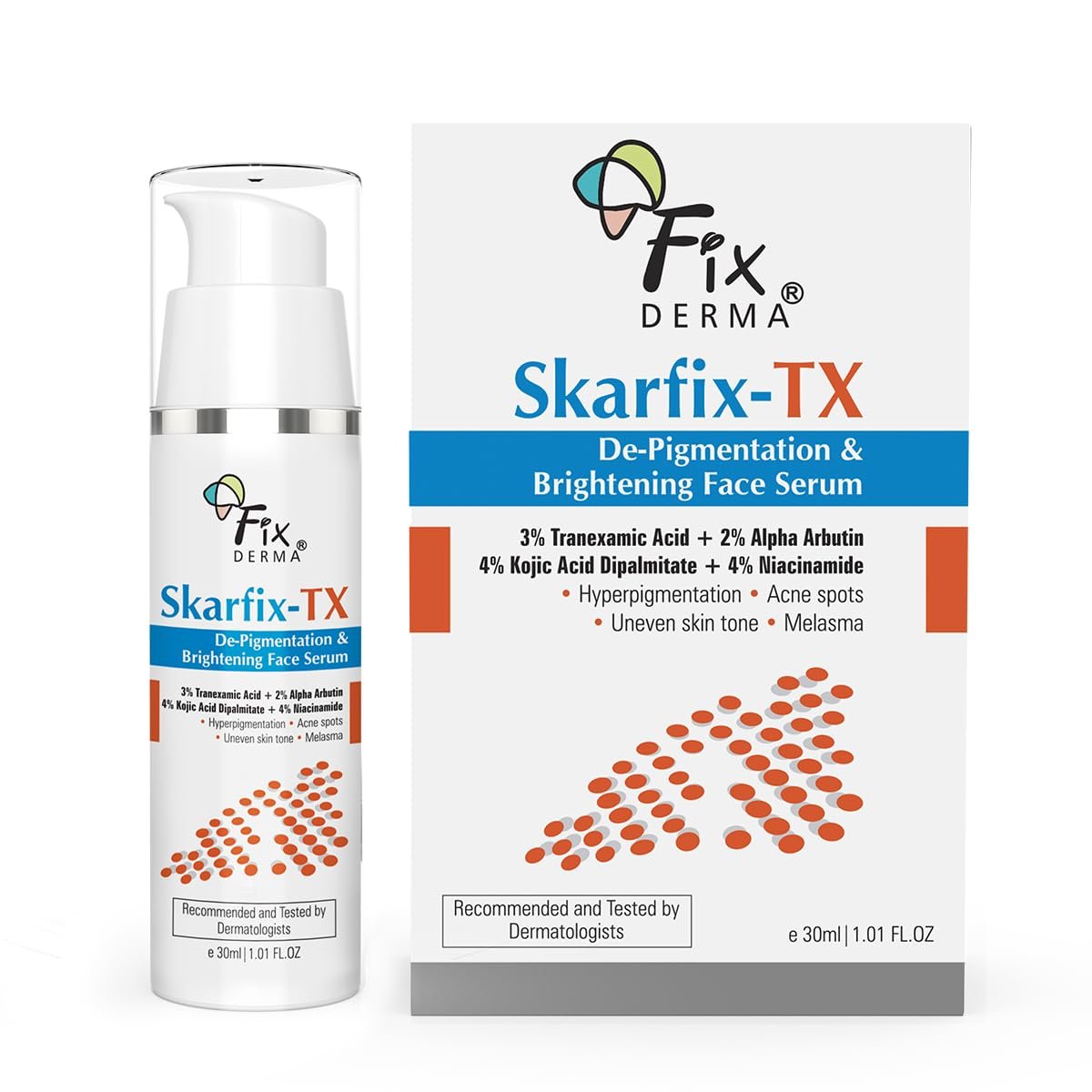 Fixderma Skarfix-TX Face Serum with 4% Kojic Acid, 4% Niacinamide Serum, 3% Tranexamic Acid & 2% Alpha Arbutin | Treats Hyper Pigmentation & Melasma | Reduce Acne Spots | brightening the Skin – 30ml