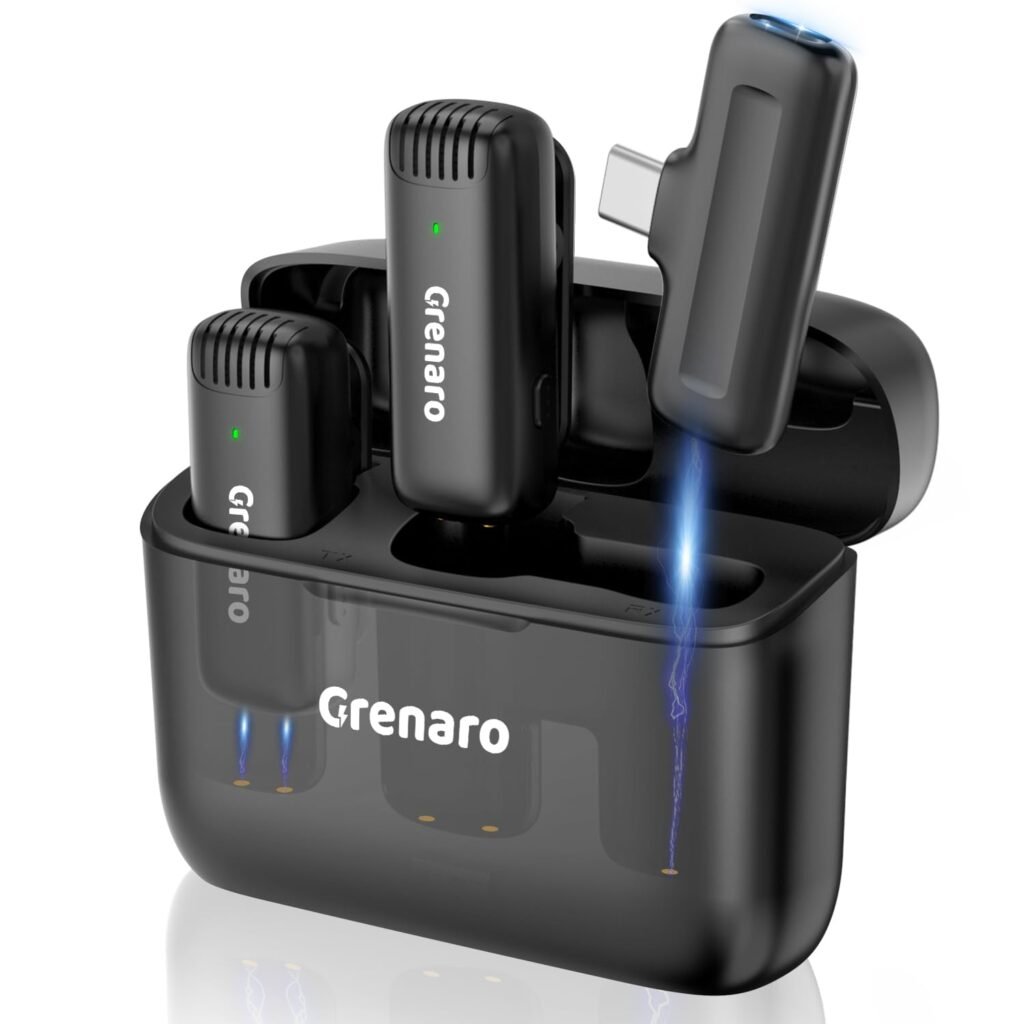 GRENARO J13 Wireless Mic for YouTube, 3-Level Adjustable MicNoise Reduction Lapel Mic with Charging Case, Wireless Mic for Video Recording, YouTube, Facebook, Video Production (Double)