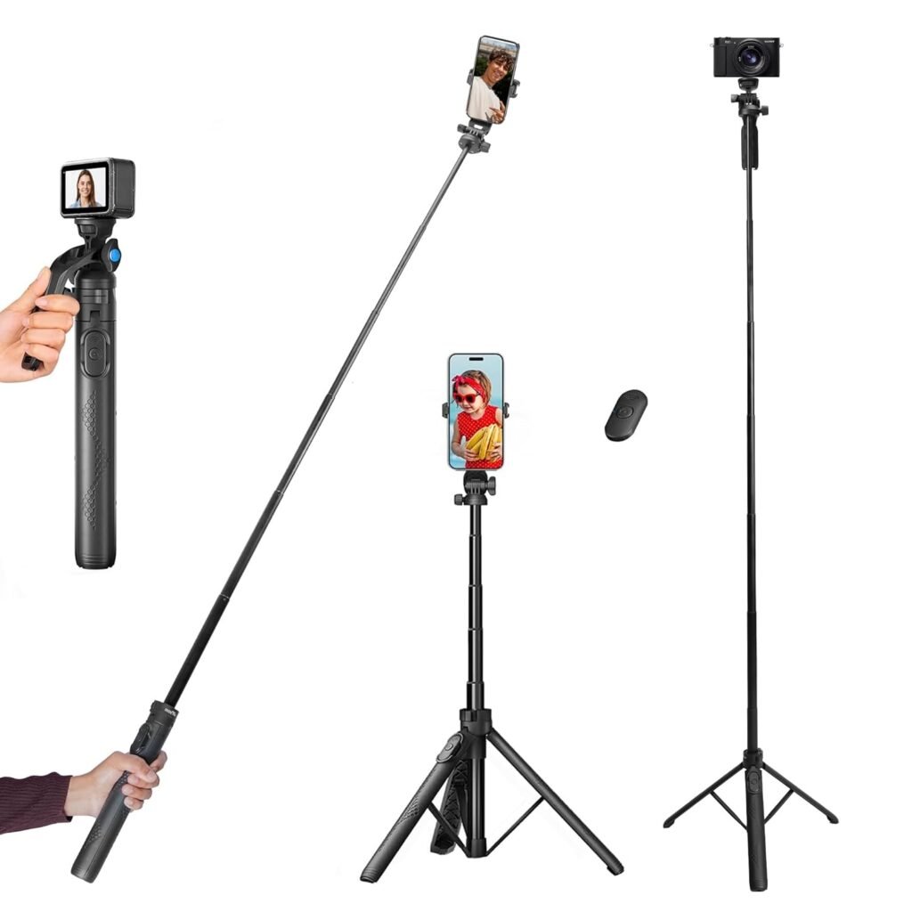 HIFFIN HST-61 Selfie Stick Tripod, 63” Professional Tripod with Wireless Remote, Portable Travel Tripod Stand Compatible with Smartphones & Cameras for Vlogging/Video Recording/Live Streaming