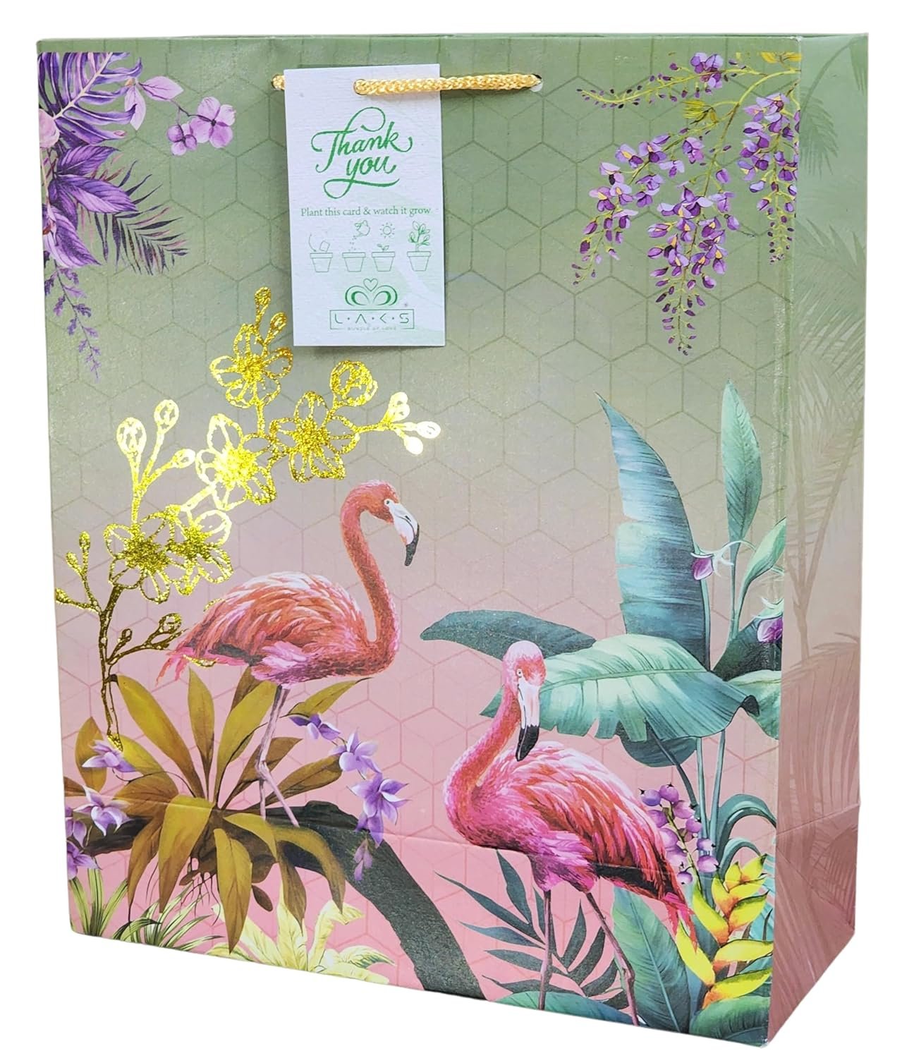 LAKS BUNDLE OF LOVE Gift Bags – Paper Bags – Paper Bags For Gifting – Return Gift Bags – Gift Bags Medium Size – 12X10X4 Inch – 250Gsm Thickness Seed Paper Thank You Card (Green-Pink, Pack Of 5)