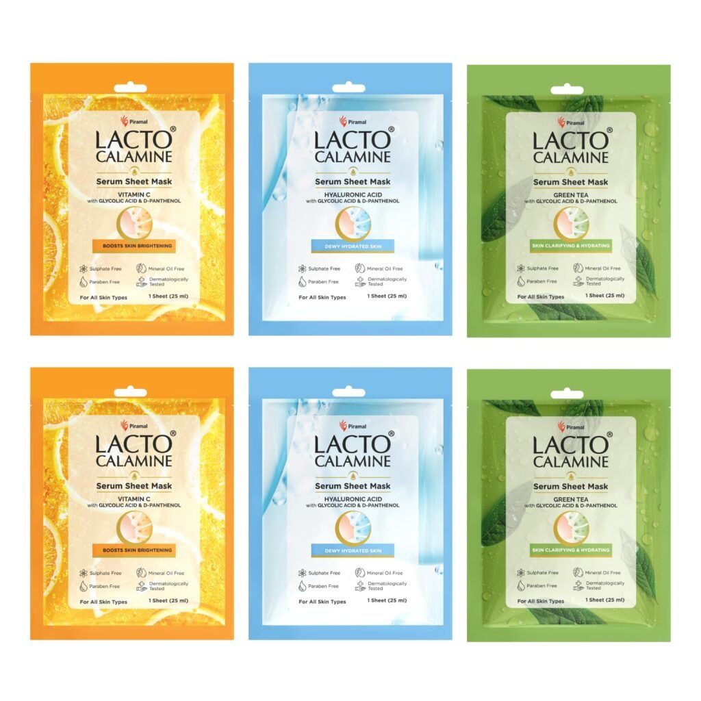 Lacto Calamine Face Sheet Masks | Combo Pack | Vitamin C, Hyaluronic Acid & Green Tea Face Sheet Masks | Brightening, Hydrating & Clarifiying | 150ml (Pack of, 6)
