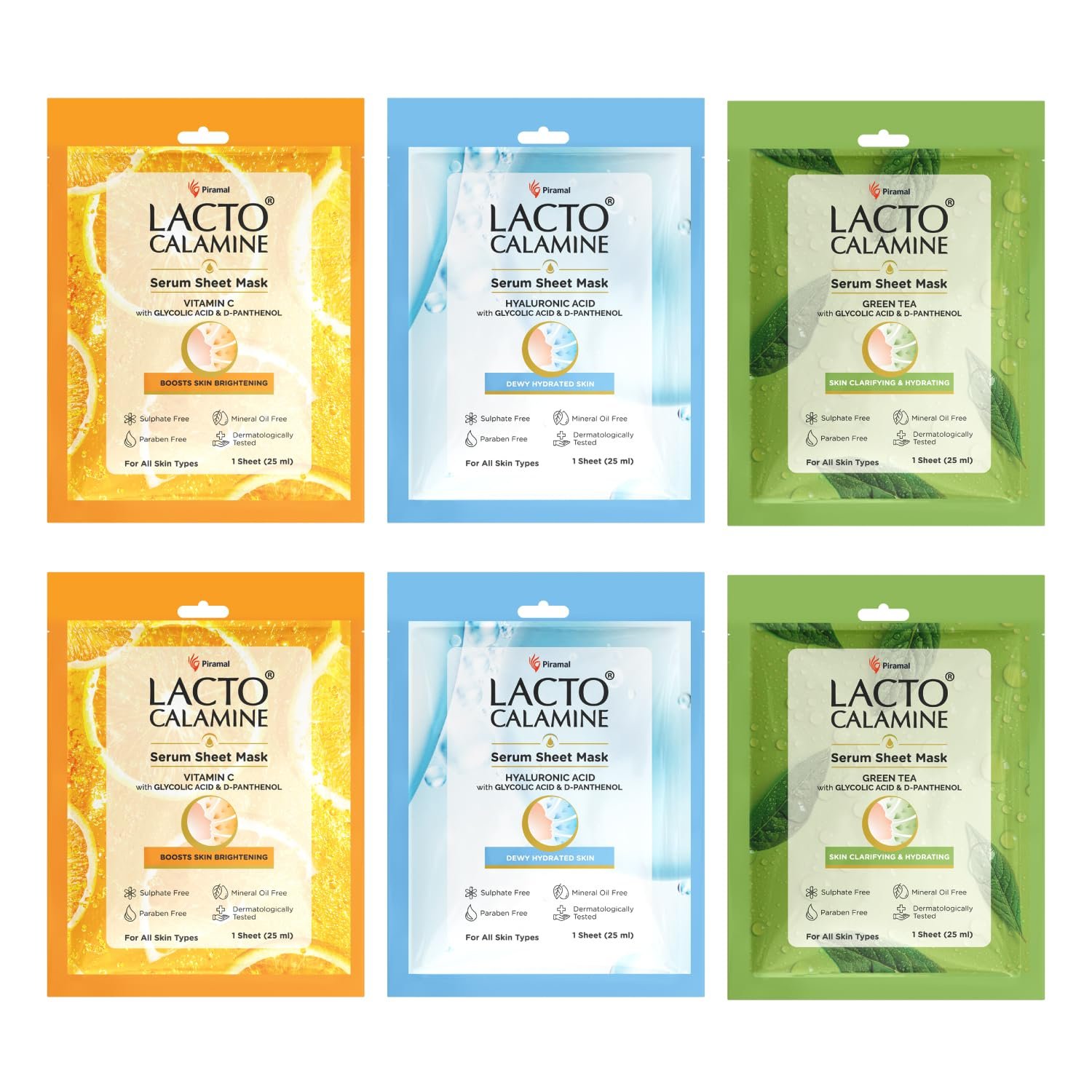 Lacto Calamine Face Sheet Masks | Combo Pack | Vitamin C, Hyaluronic Acid & Green Tea Face Sheet Masks | Brightening, Hydrating & Clarifiying | 150ml (Pack of, 6)