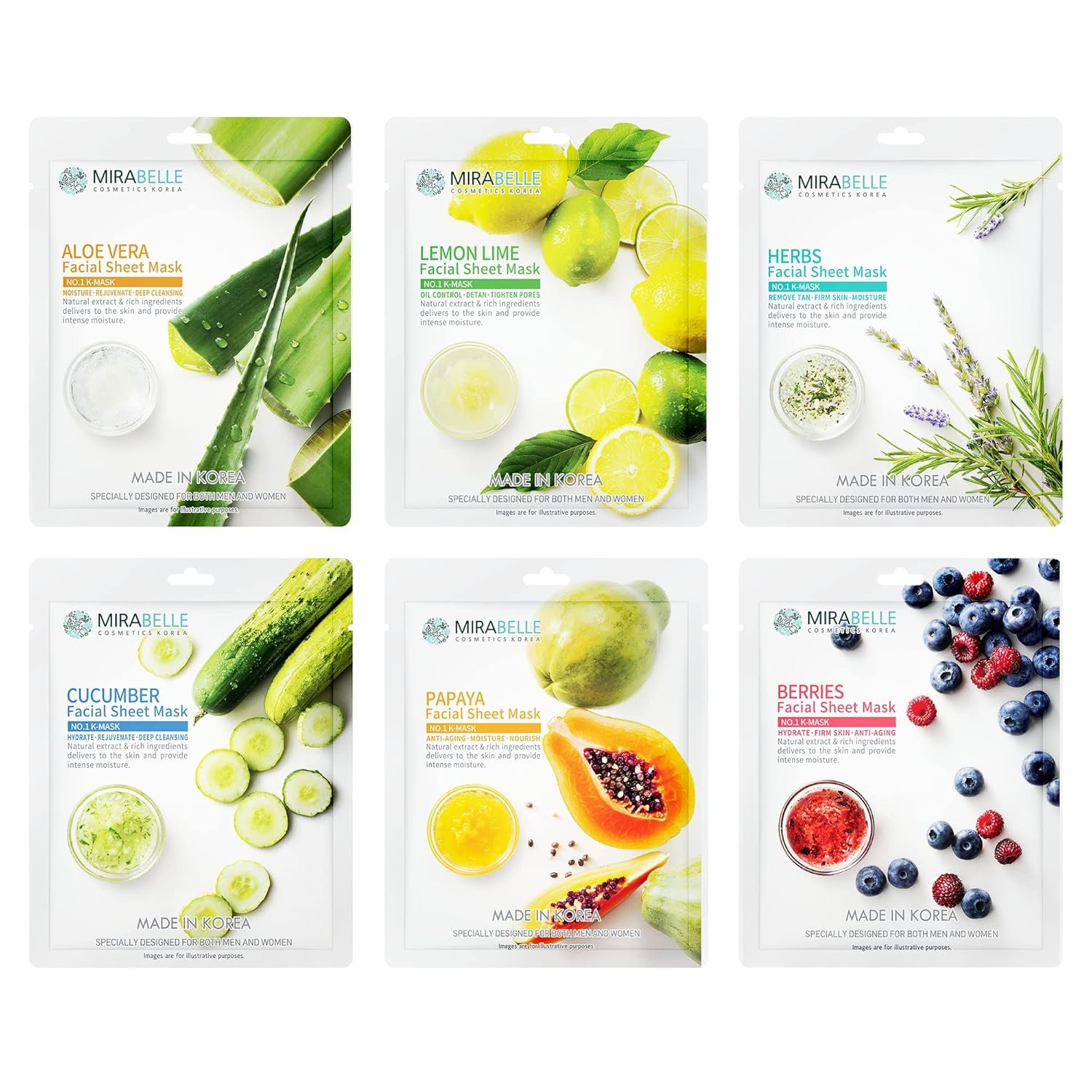 Mirabelle Fairness Face Mask Sheets For Glowing Skin, Hydration & Brightening | For All Skin Types, Women & Men | Korean Sheet Mask Combo Pack Of 6 (Each 25 ml)