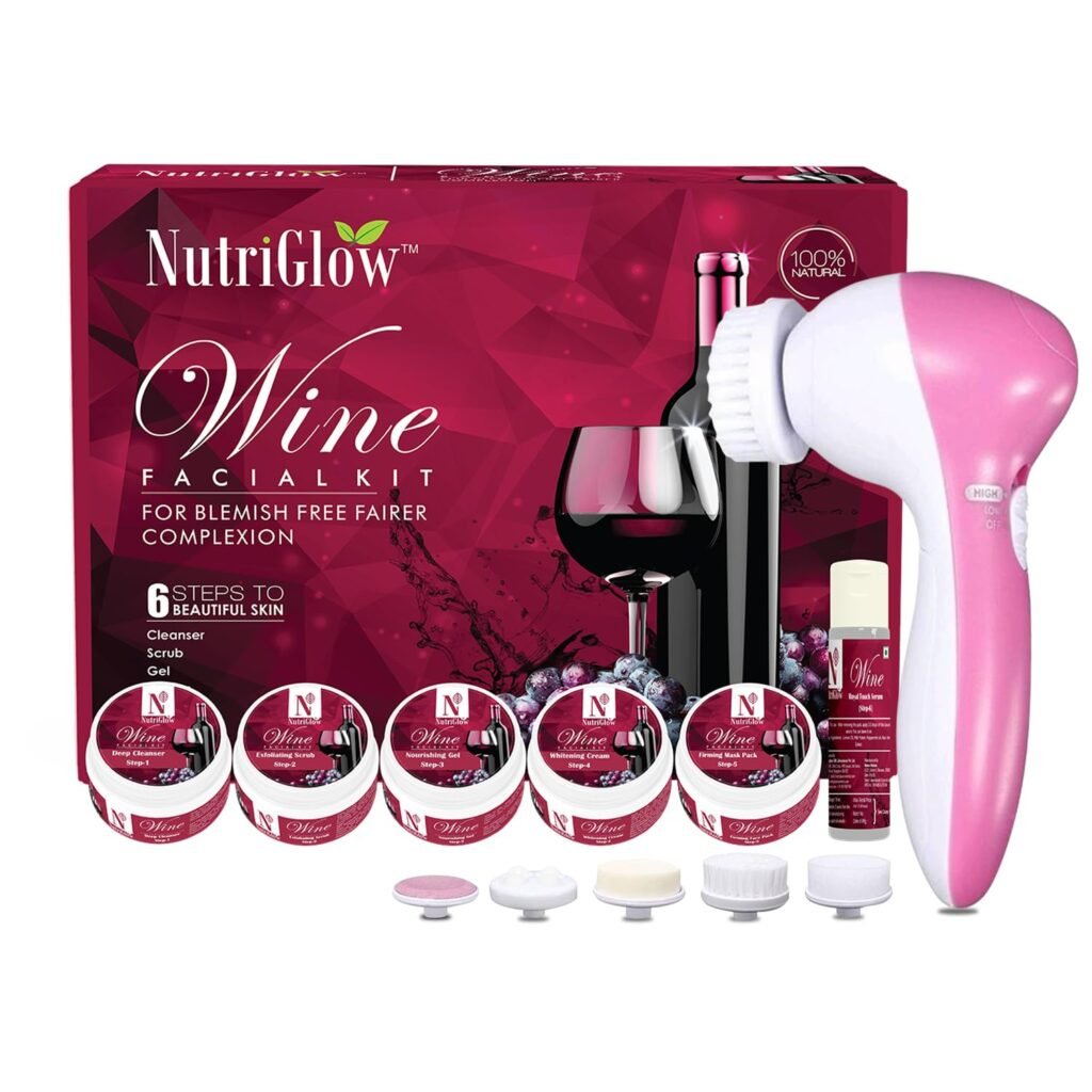 NutriGlow Wine Facial Kit for Women for Glowing Skin, 6-Pieces Skin Care Set with Deep Cleanser, Scrub, Nourishing Gel, Tan Removal, Mask Pack and Serum, 250gm+10ml Free Face Massager