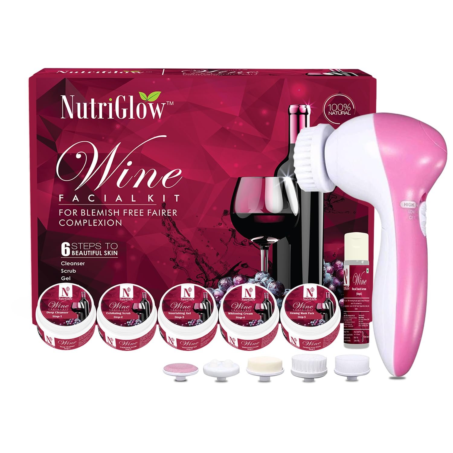 NutriGlow Wine Facial Kit for Women for Glowing Skin, 6-Pieces Skin Care Set with Deep Cleanser, Scrub, Nourishing Gel, Tan Removal, Mask Pack and Serum, 250gm+10ml Free Face Massager