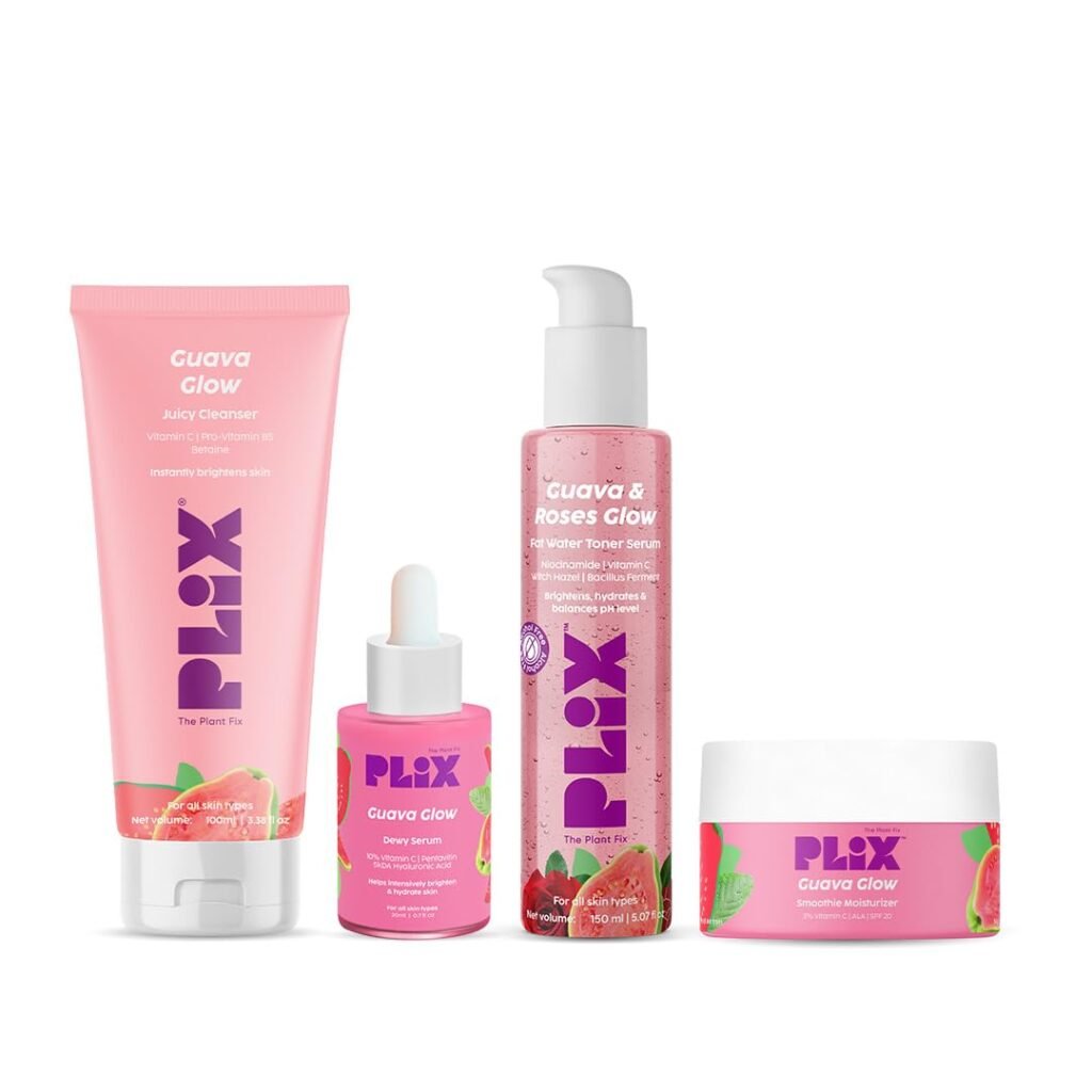 PLIX – THE PLANT FIX Guava & Roses Regime for Bright Skin & Balanced Skin pH| Hydrating Cleanser| 2-in-1 Toner Serum| Vitamin C Serum | Smoothie Moisturizer | For Men & Women| Glowing in 1 Use