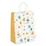 PaperPep White Orange Birthday Doodle PrintGift Paper Bags | Small (9″X7″X4″ inches) | Attached gift tags, Ideal for Return Gifts, Weddings, Birthday & Celebrations | Pack of 10