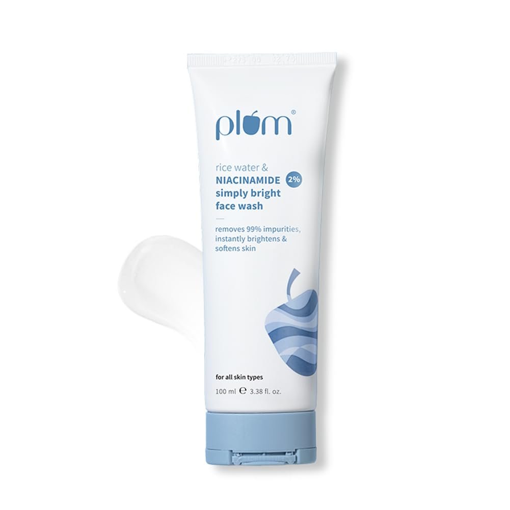 Plum 2% Niacinamide & Rice Water Face Wash 100ml | Hydrates & Brightens Skin | Softens & Smoothens Skin | Gentle & Non-Drying | Gently Cleanses 99% pore clogging impurities | Women & Men |