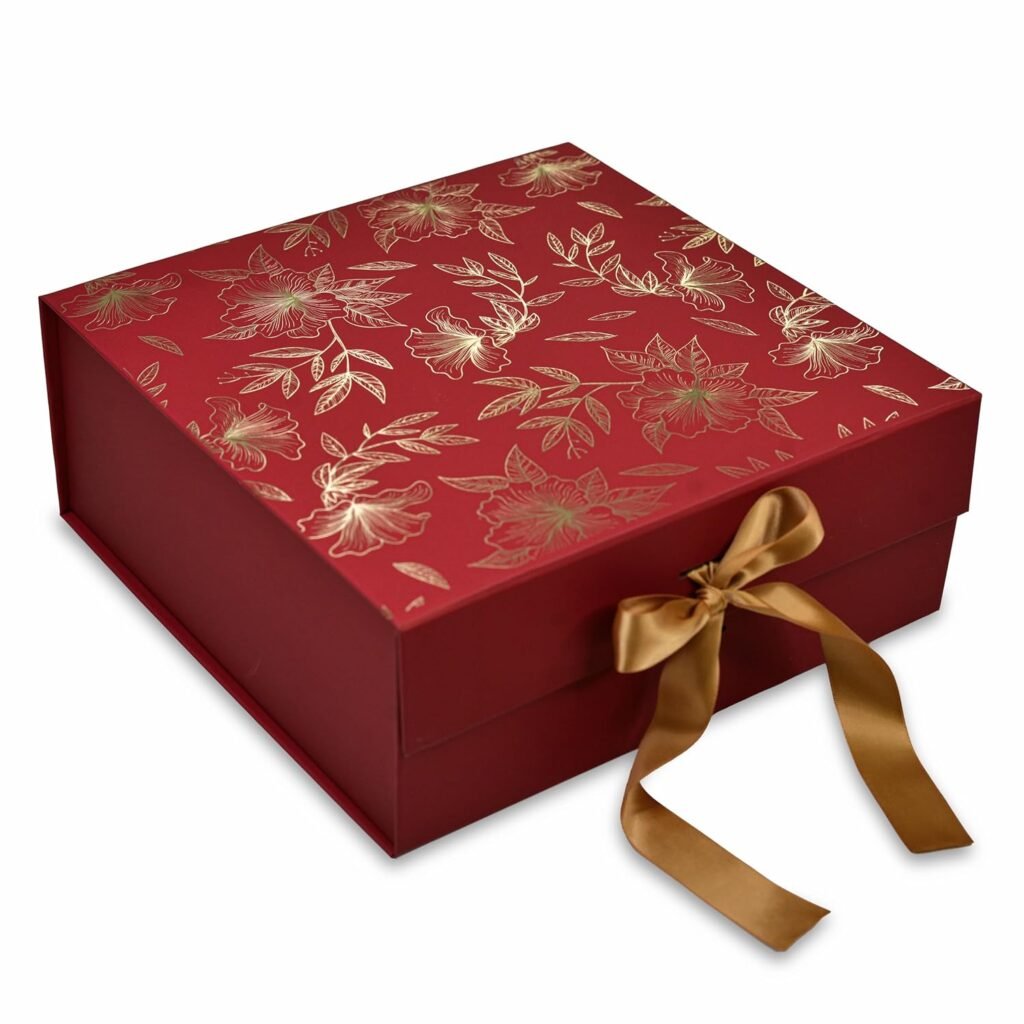 RBS®-MEDIUM Red Gift Box for Packing 26 x 26 x 10 cm Decorative Gift Packaging Box with Floral Design (1 Pack) Holds Upto 8 kg Ideal for Valentine’s Day Empty Gift Hampers (Dark Scarlet Gold Floral)