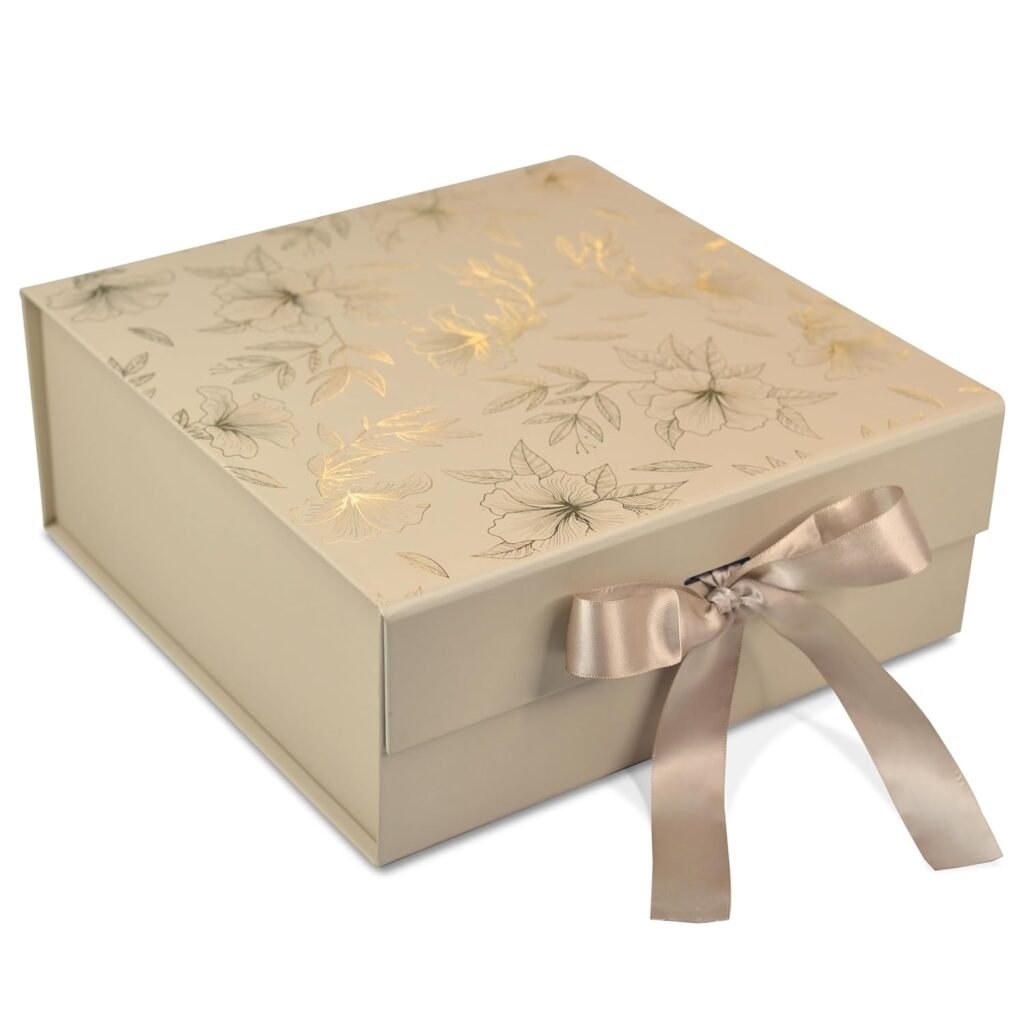 RBS®-Medium Gift Box for Packaging 26x26x10cm Decorative Gift Packing Box with Floral Foil Design (1 Pack) Holds Upto 8kg Ideal for Gift Hampers and All Occasions Empty Gift Box(Beige Gold Floral MGT)