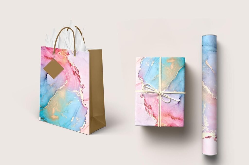 Sainet™ Gift Bags – Combo Paper Bags & Gift Wrapping Paper for Return Gifts, Small Gift Carry Bag, Gifting, Bags with Butter Paper and Thank You Card – Pack of 20, Pastel Paradise & Blue Pink Marble