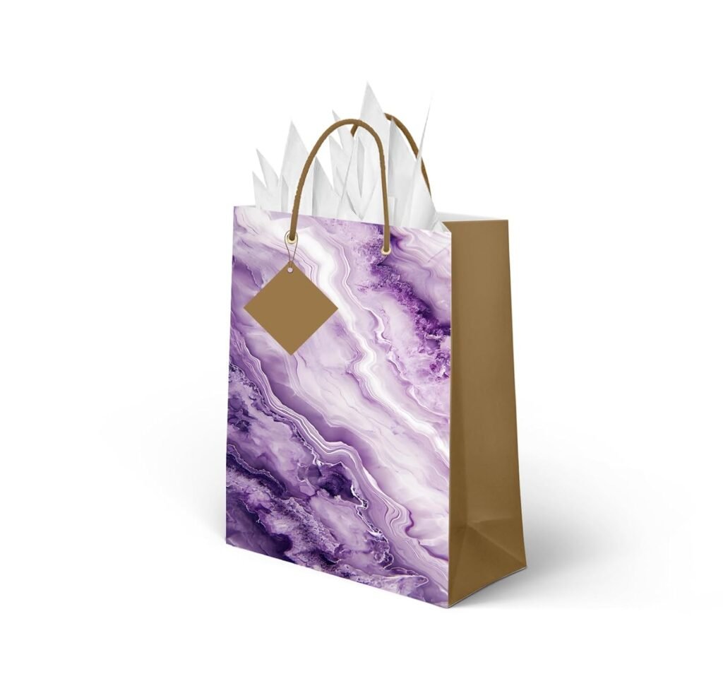 Sainet™ Gift Bags – Paper Bags For Return Gifts – Paper Gift Bag – Small – Carry Bags For Gifting – Goodie Bags With Tissue & Thank You Card – Gift Covers – Pack of 100, Purple Marble