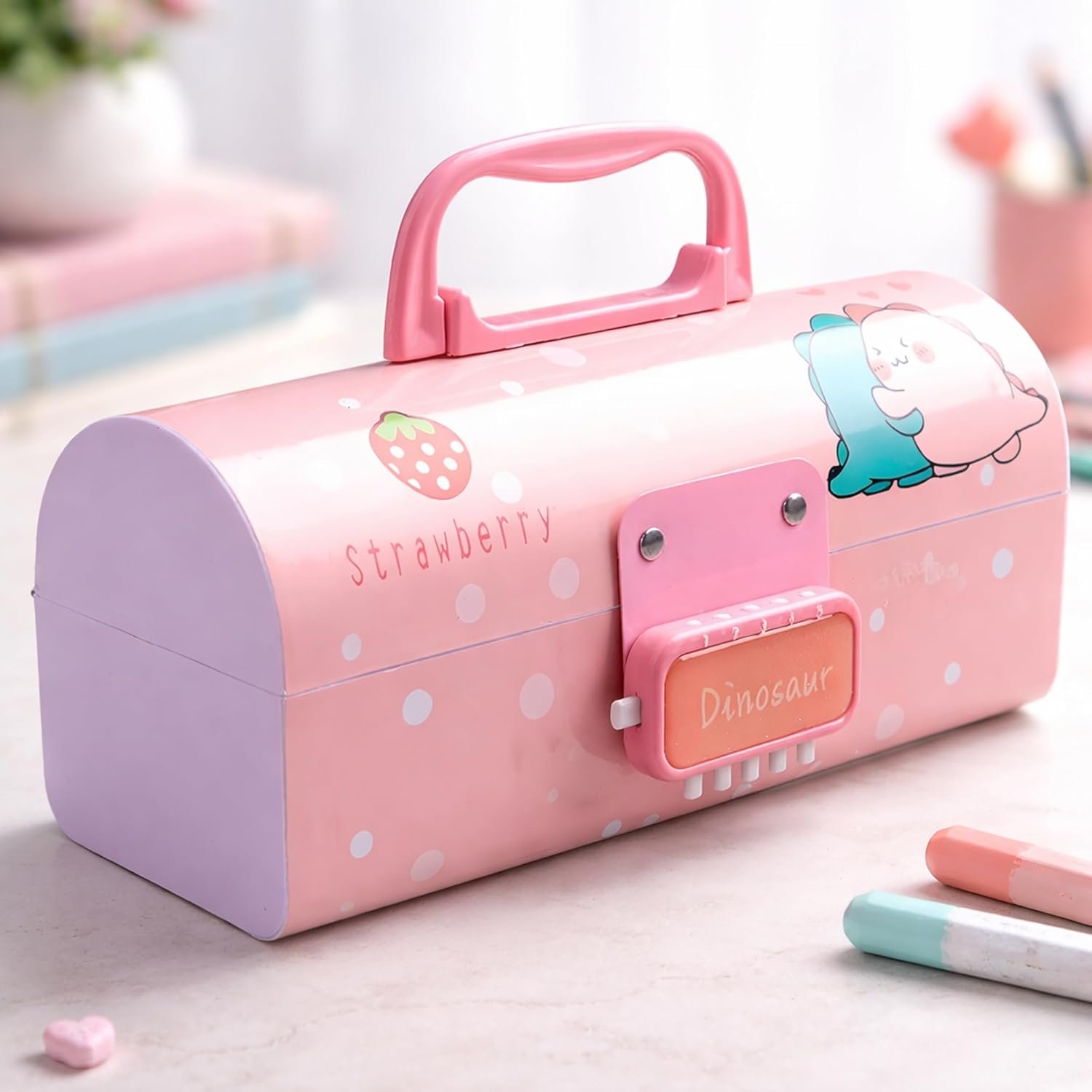 Toyshine Pencil Box with Code Lock Pen Case Large Capacity Multi-Layer Multi-Function Storage Bag Secret Compartment Pencil Box – Dino Pink