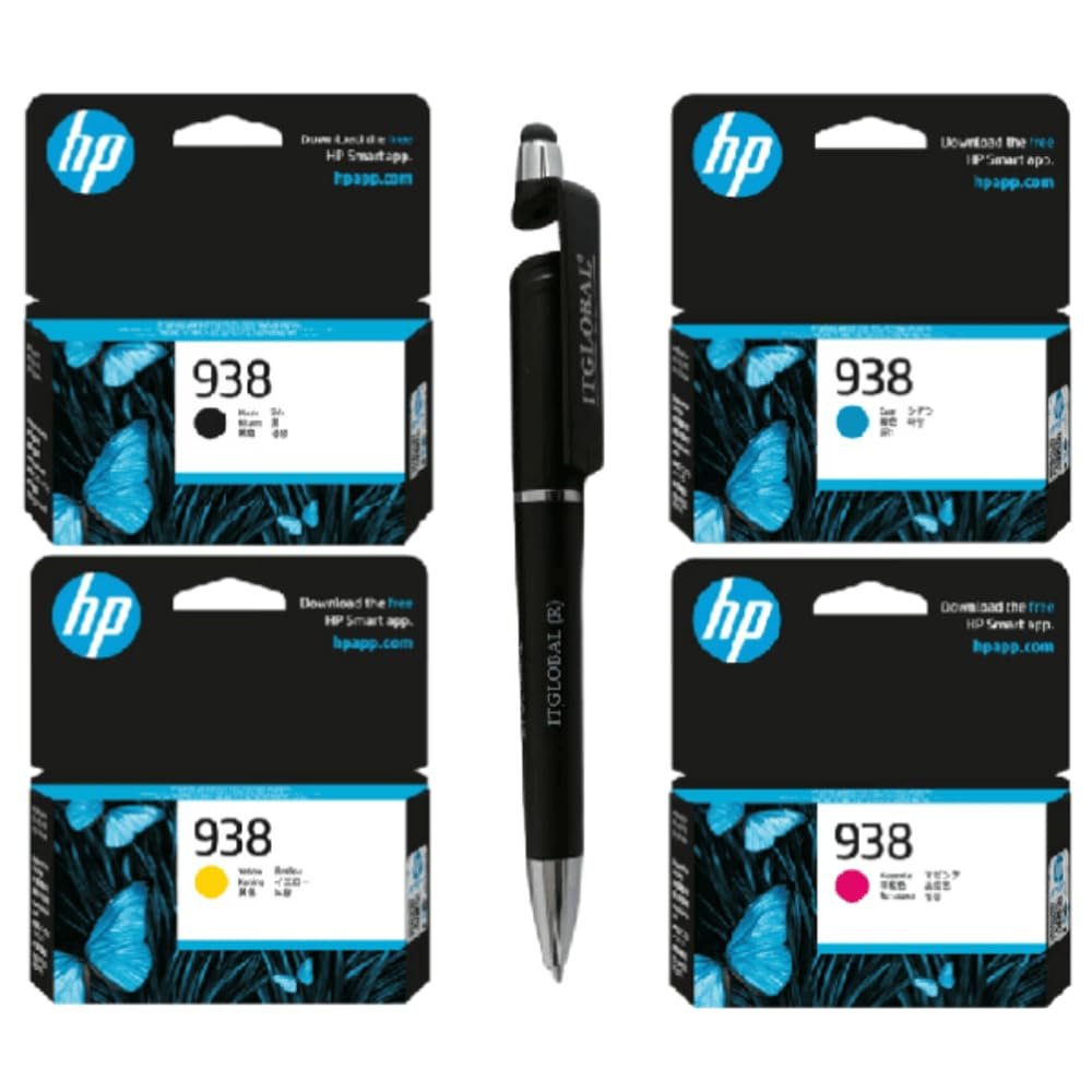 Value Pack Combo OG 938 Black Cyan Yellow Magenta Ink Cartridge for HP Selected Printer With 3in1 Multi-Function Creative Mobile Phone Stand, Stylus Pen, Ballpoint Pen (Very Colors) 938 Ink