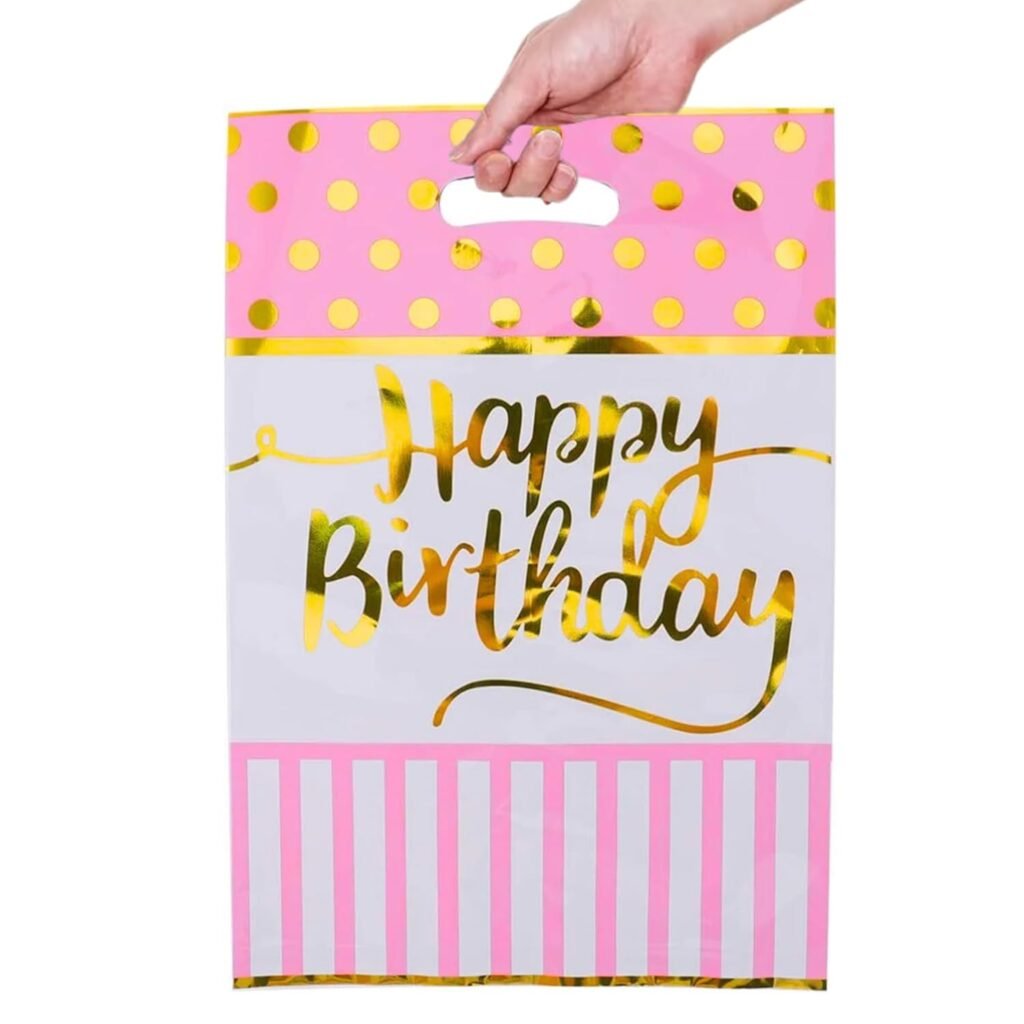 Wanna Party Happy Birthday Gift Bags – Pink & Gold Goodie Bags with Handle, Reusable Return Gift Bags for Kids Birthday Parties, Baby Showers, Girls Party Supplies – Pack of 10 (12″ x 8″ Inch)