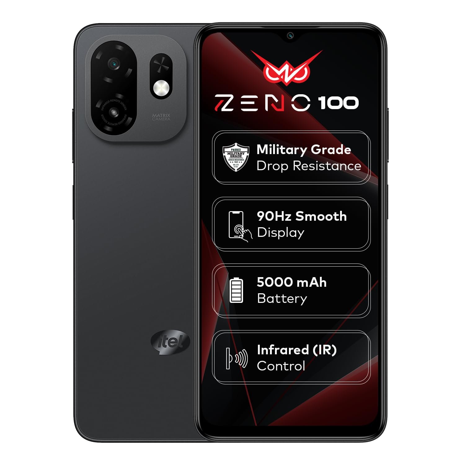 Zeno 100 (4+8GB RAM, 64GB ROM) | 5000mAh Battery with Type-C | 90Hz Display | Side Fingerprint | Military Grade Protection | Octa-Core Processor | Pure Black