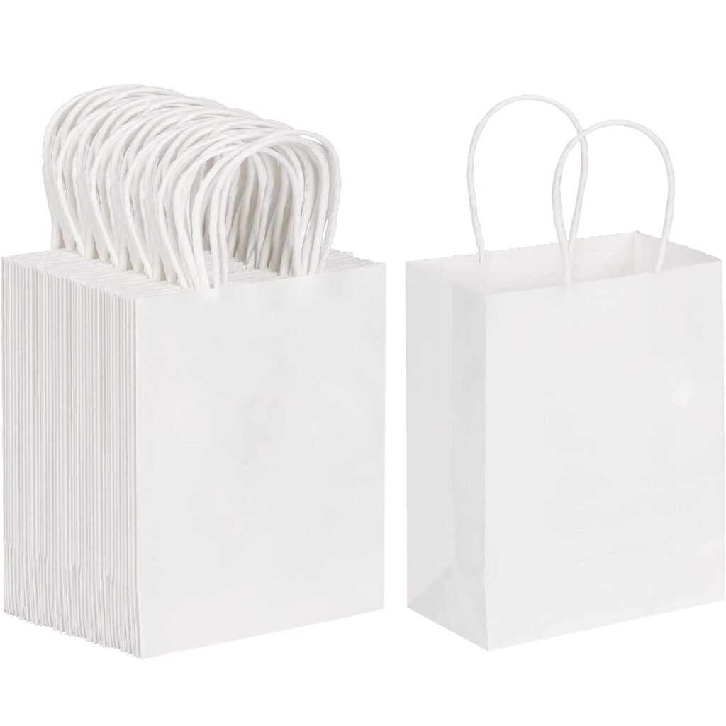 Aakriti Kraft Paper Bags with Handles, White Small Gift Bags Bulk, Retail Bag, Shopping, Birthday Wedding Party Favour Bags, Merchandise Bags | Small Size: 7×3.5×8.5 inch WHITE (Pack of 25)