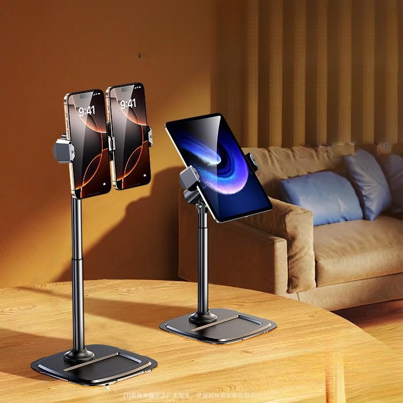 FKU Adjustable Dual Phone Holder Stand for Desk & Floor – Heavy-Duty Metal Base, 360° Rotation, Height Adjustable Mobile Stand for Live Streaming, Video Shooting, Tutorials, and Content Creation