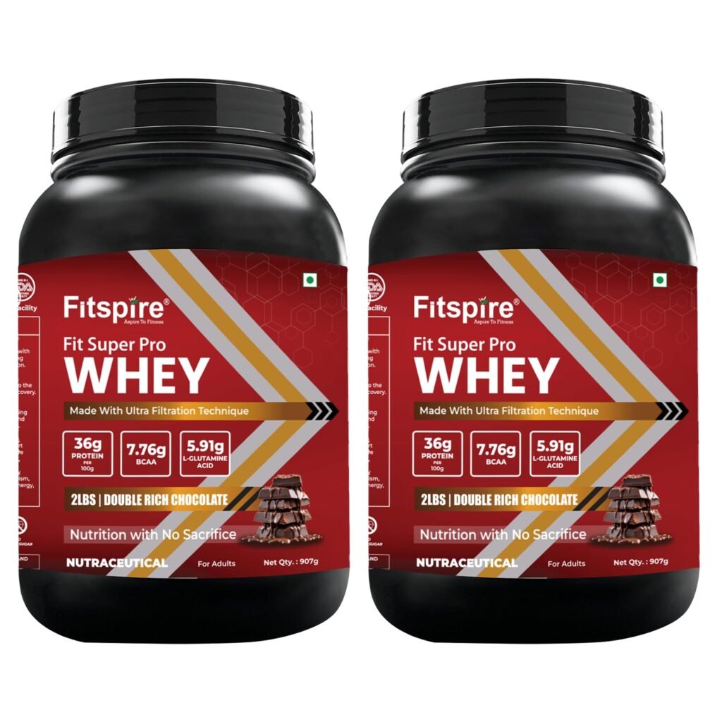 Fitspire Fit Super Pro Whey Protein- Double Rich Chocolate Flavour- Whey Protein Isolate and Concentrate Blend- 36 g Protein with Enzymes Probiotics for Digestion- Muscle Growth- Recovery- 2lbs pack