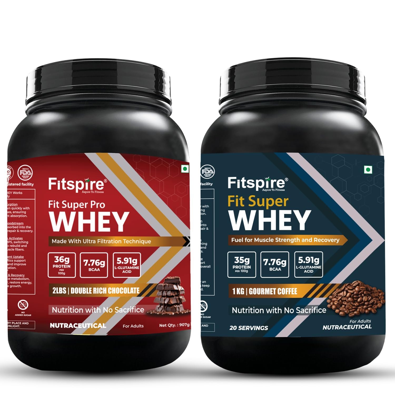 Fitspire Fit Super Whey & Fit Super Pro Whey Protein Combo Pack | Gourmet Chocolate & Double Rich Chocolate Flavours | Whey Isolate & Concentrate Blend | Enzymes, Probiotics | Supports Muscle Growth & Recovery