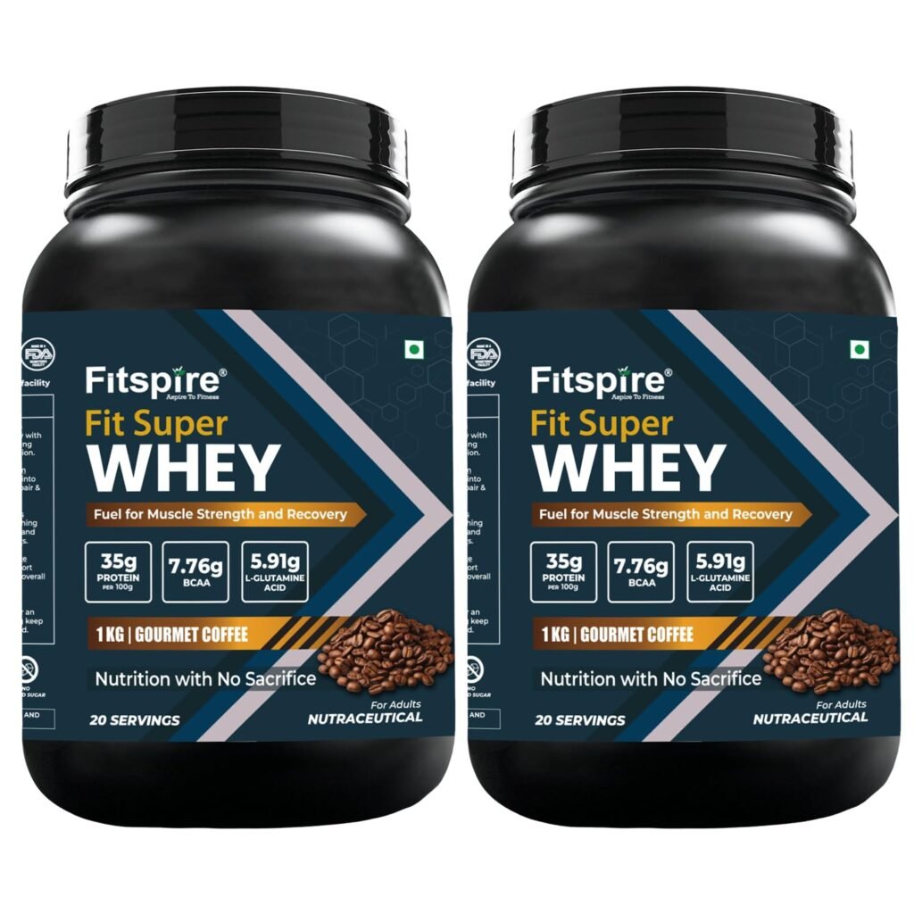 Fitspire Fit Super Whey Protein Powder Combo Pack, Gourmet Coffee Flavour | Whey Isolate & Concentrate Blend | High Protein with BCAAs & Digestive Enzymes | Supports Muscle Growth & Recovery | No Added Sugar