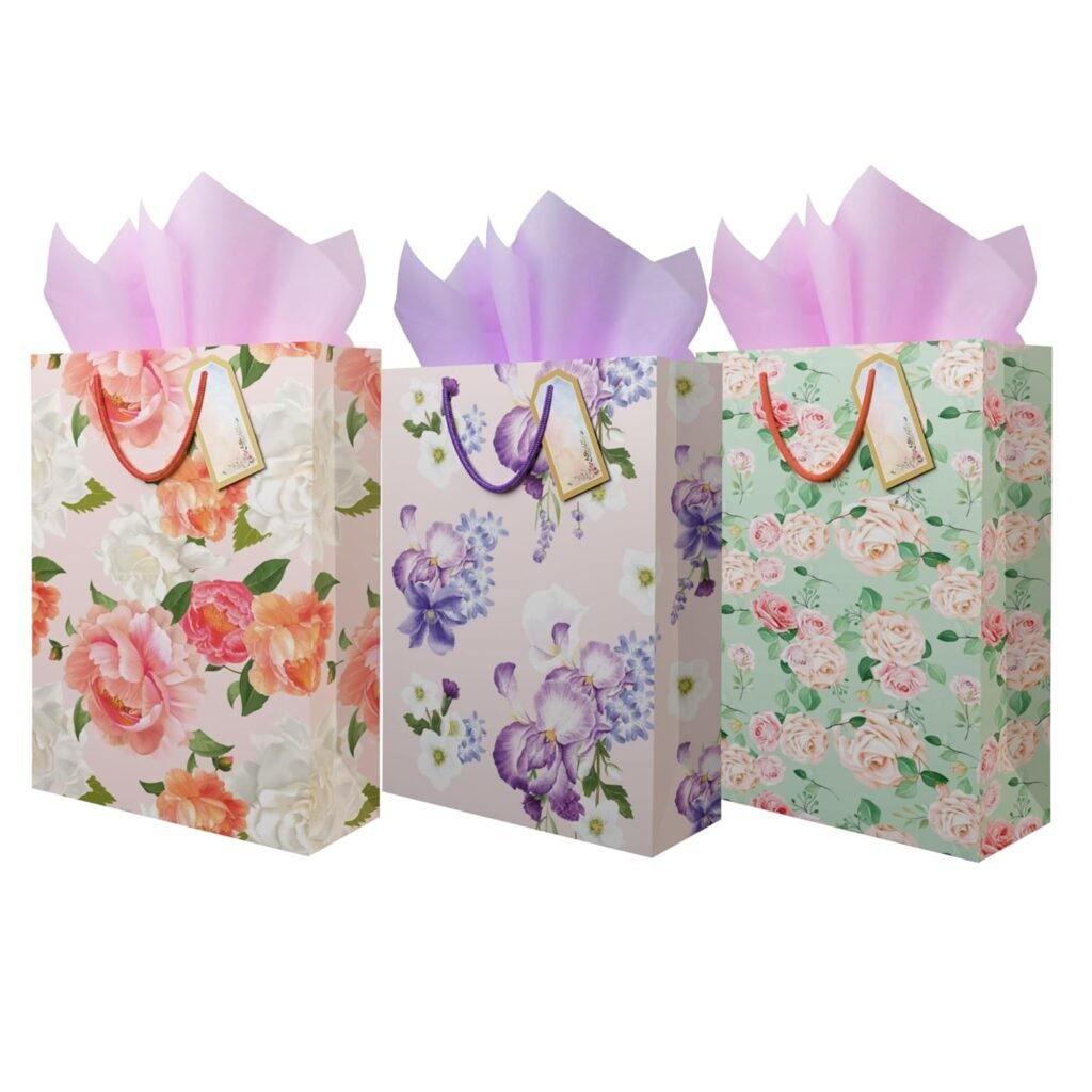 Flora Paperbags – Medium Gift Paper Bags 12x9x3.5 | Pack of 10|Christmas Paper bags with Tissue & Tags | Floral Combo Carry Bags for Return Gifts, Wedding, Birthday, Party Favors Diwali Christmas