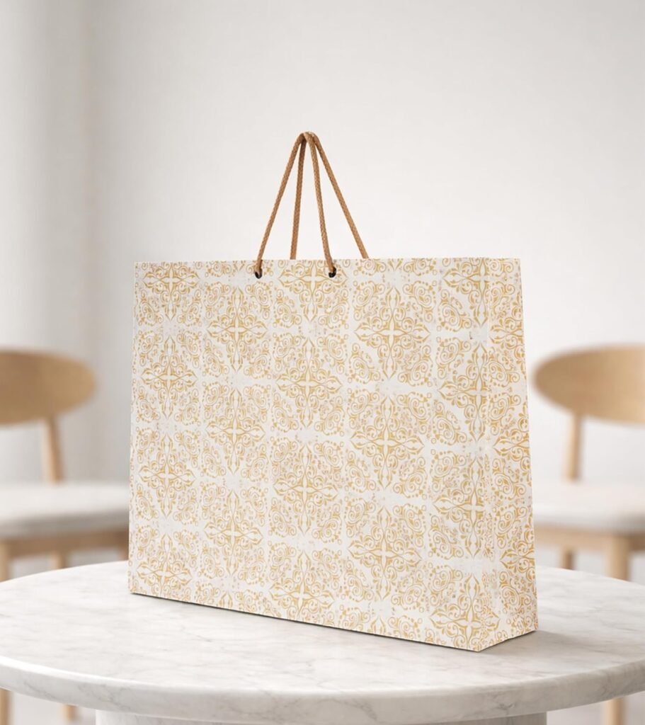 KOSY Paper Gift Bag for Gifting Eco Friendly Reusable Printed Paper Carry Bag with Elegant Golden Print Designer Pattern Durable Lightweight Large Size for Chocolates Jewelry Accessories Pack of 10