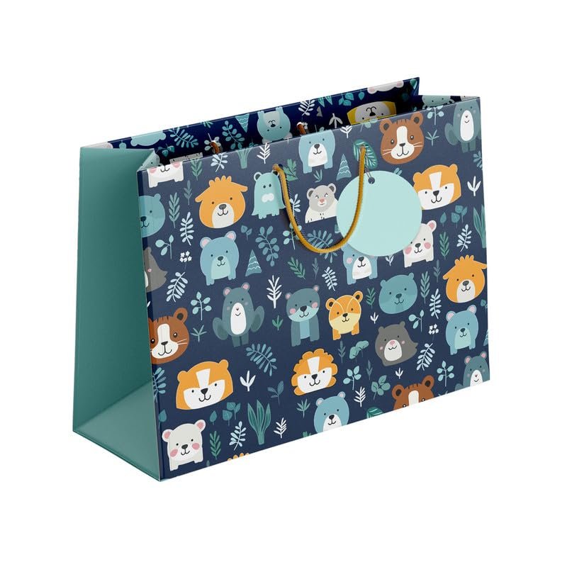 PaperPep Blue Cute Cartoon Animal Pattern PrintGift Paper Bags | Small (9″X7″X4″ inches) | Attached gift tags, Ideal for Return Gifts, Weddings, Birthday & Celebrations | Pack of 3