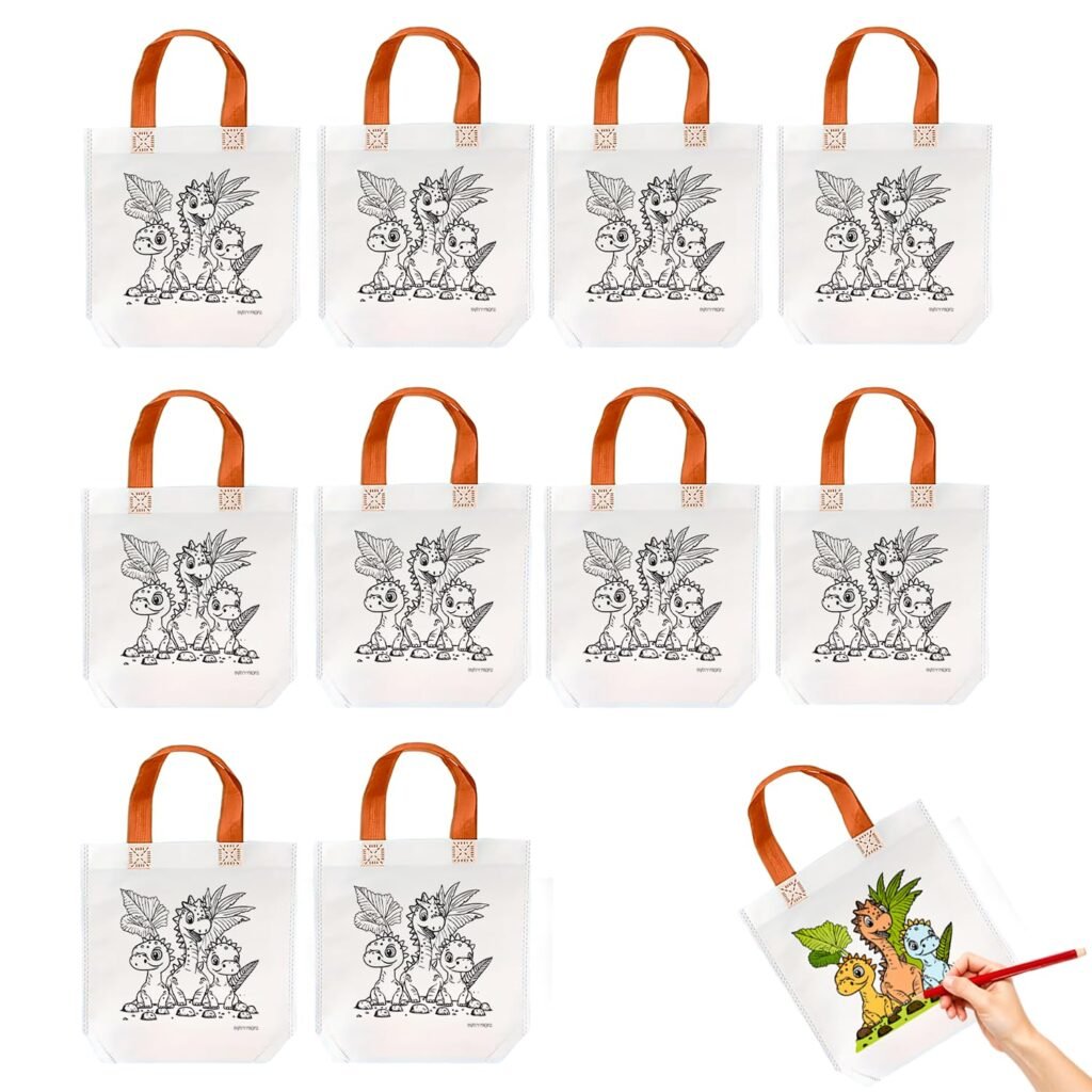 Party Propz Dinosaur Theme DIY Return Gift Bags for Kids Birthday – 10 Pcs, Diy Canvas Colouring Bags, Paper bags for gifting, Gift bags small size, Return gifts for birthday, Gift bag for kids