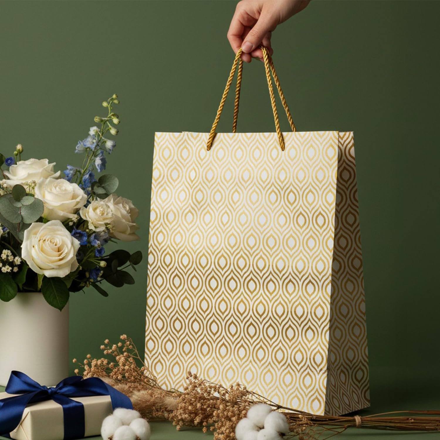 PrettyKrafts Leaf Printed Paper Gift Bags | Pack of 5 | 38x28x9 cm | Large Size | Reusable & Eco-Friendly Paper Bags for Gifting, Parties, Return Gifts, Shopping and Special Occasions (Gold) PrettyKrafts Leaf Printed Paper Gift Bags | Pack of 5 | 38x28x9 cm | Large Size | Reusable & Eco-Friendly Paper Bags for Gifting, Parties, Return Gifts, Shopping and Special Occasions (Gold)