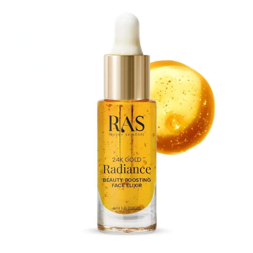 RAS Luxury Oils 24K Gold Radiance Elixir Face Serum for Glowing Skin, Skin Brightening, Reduce Wrinkles, Acne, Dark Spots, Natural & Organic