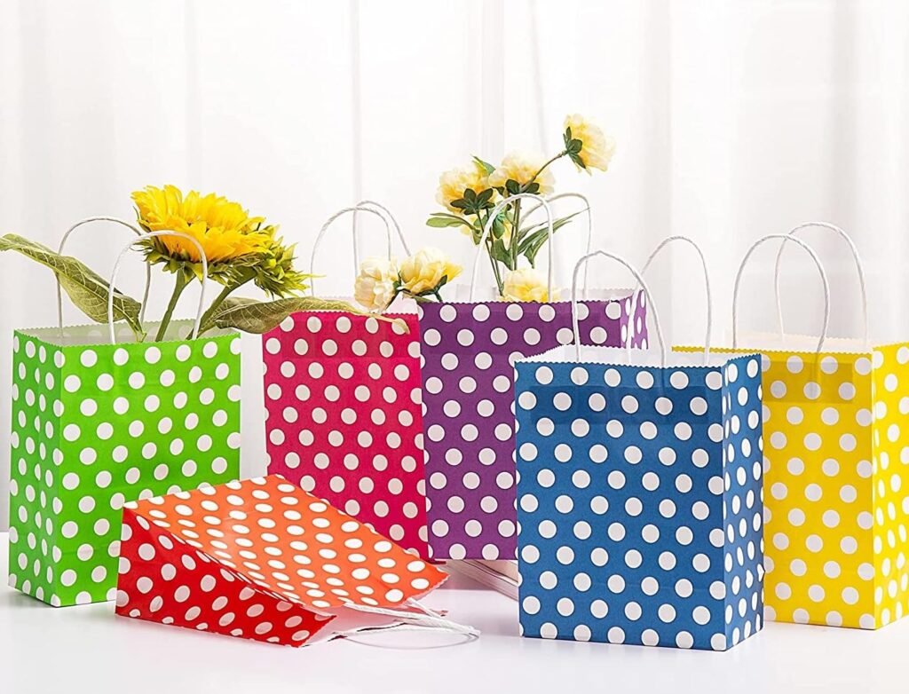 RanGit Bhumi Gift Bags- 30 pcs Polka Dots Small Paper Bags with Handles- Return Gifts Paper Carry Bag, Party Favor Goodie Treat Bag for Corporate event, Birthday, Wedding, Festivals (Small-Polka Dots, Pack of 30)