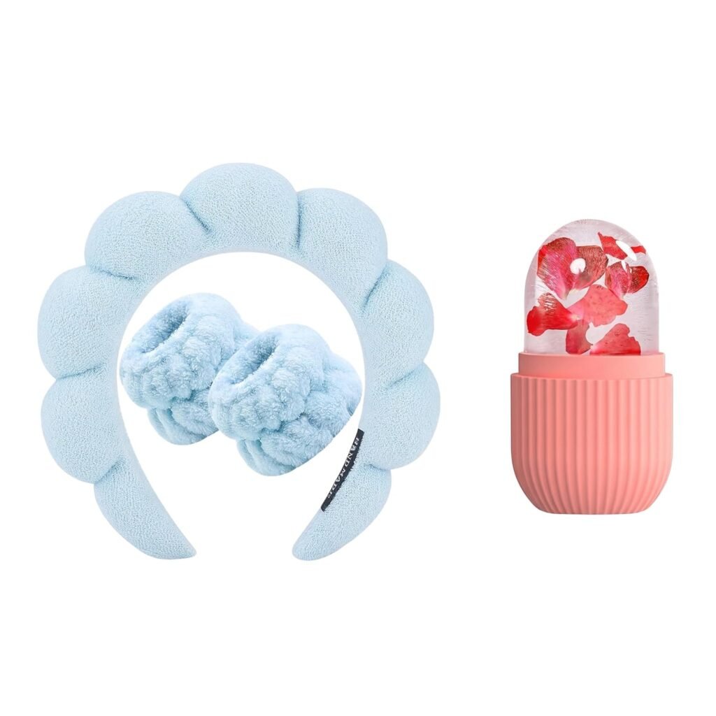 Skincare Combo Set for Women & Girls | Makeup Headband & Wristband Set (3 Pcs) + Ice Roller for Face | Reusable Face Massager for Glowing Skin, Puffy Eyes & Spa Facial Care (Blue) Skincare Combo Set for Women & Girls | Makeup Headband & Wristband Set (3 Pcs) + Ice Roller for Face | Reusable Face Massager for Glowing Skin, Puffy Eyes & Spa Facial Care (Blue)