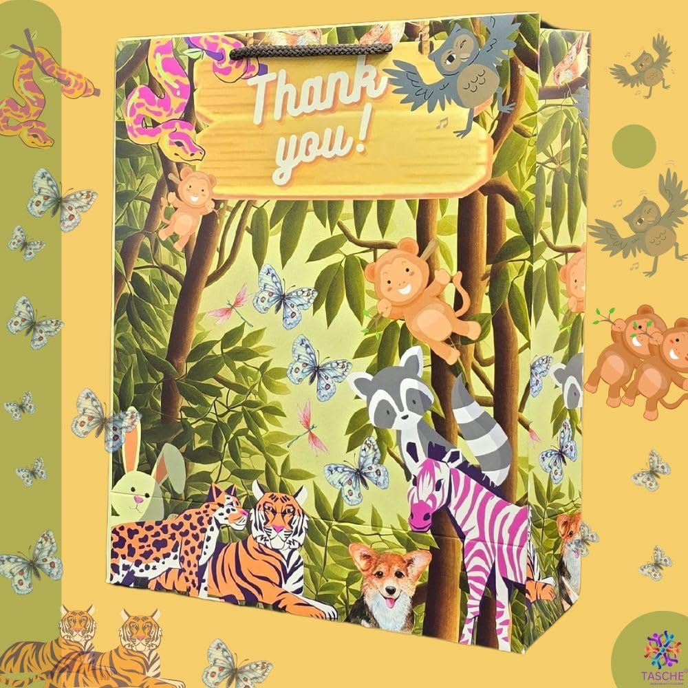 TASCHE Jungle Animal Design Thank You Theme Paper Gift Bags For Return Gifts|Birthday|Holiday Presents (Pack Of 8),Multi Color TASCHE Jungle Animal Design Thank You Theme Paper Gift Bags For Return Gifts|Birthday|Holiday Presents (Pack Of 8),Multi Color