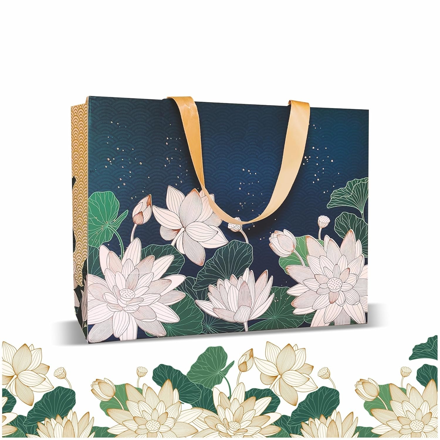 VESTTA -ELEGANCE REDEFINED Gift bags, Large, 13 (L) x 5.5 (B) x 10 (H) Inches, Vintage Lotus Print, Matt Finish, Gold Stamping for All Celebrations, with Gift Tags-Premium Collection, 5 COUNT VESTTA -ELEGANCE REDEFINED Gift bags, Large, 13 (L) x 5.5 (B) x 10 (H) Inches, Vintage Lotus Print, Matt Finish, Gold Stamping for All Celebrations, with Gift Tags-Premium Collection, 5 COUNT
