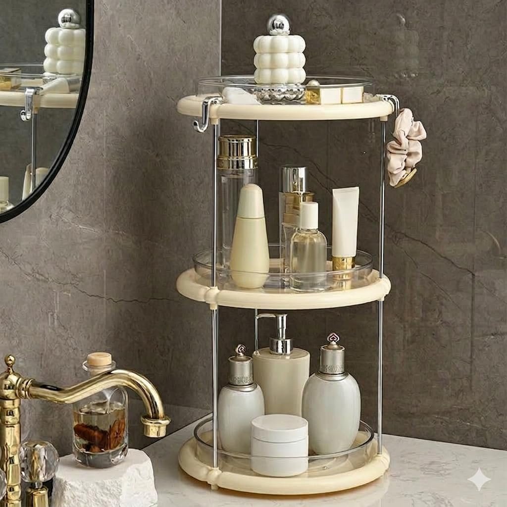 3 Tier Bathroom Countertop Organizer Rack | Rotating Cosmetic Storage Stand | Makeup & Skincare Organizer with Transparent Trays | Vanity Storage Shelf for Bathroom & Dressing Table(Multicolor)