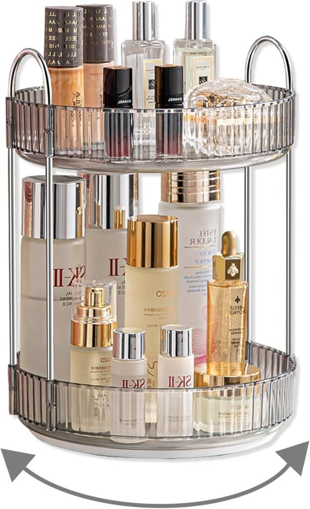 360° Rotating Makeup Organizer, 2 Tier Cosmetic Storage Stand for Skincare, Perfume, Lipstick & Beauty Products, Luxury Vanity Organizer for Bathroom, Bedroom & Dressing Table