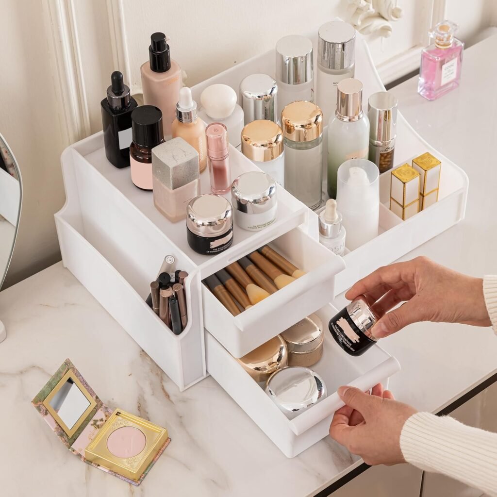 ALOXE Premium Large Makeup Organisers | Upgraded Storage Box and Organiser with Drawers for Dressing Table, Skincare, Makeup Storage & Accessories (White)