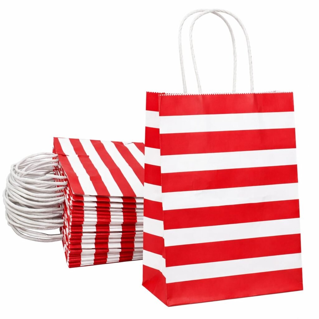 Aakriti Paper Gift Bags | Return Gift & Shopping Bags with Handles | Ideal for Party Favors, Retail Packaging | Red White Striped Design (Red And White 10 pcs, Size 10 x 4 x 12 Inches (L x W x H) Medium Aakriti Paper Gift Bags | Return Gift & Shopping Bags with Handles | Ideal for Party Favors, Retail Packaging | Red White Striped Design (Red And White 10 pcs, Size 10 x 4 x 12 Inches (L x W x H) Medium