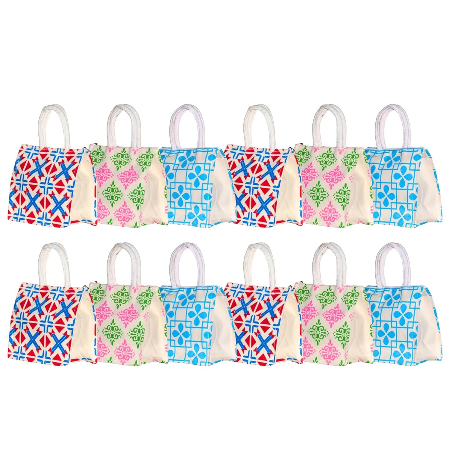 Anumala® Return Gift Bags – Eco-Friendly Jute, 8x4x10 Inches – Multipurpose for Festivals, Marriages & Functions – 12pcs (canvas multi design)