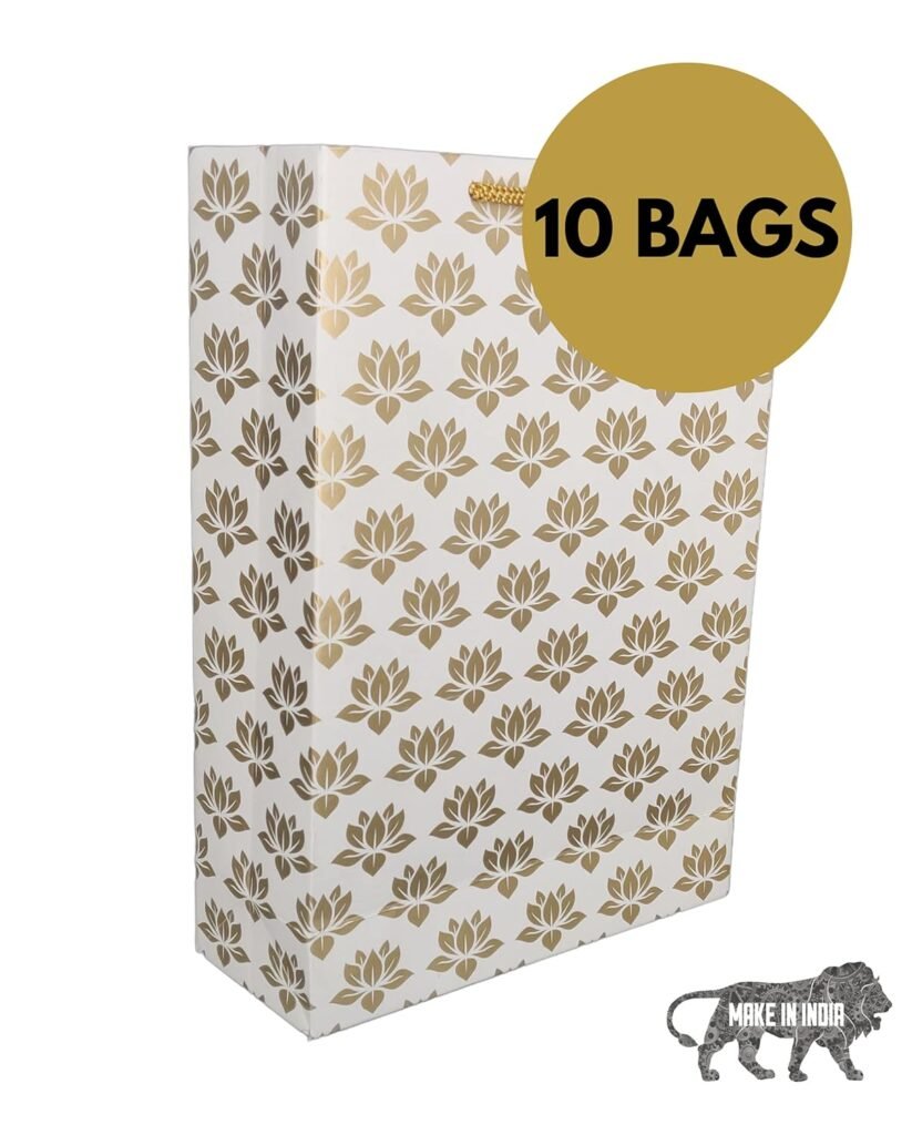 Arrow Paper Products Golden Lotus Design Paper Gift Bags for Gifting | Return Gifts | Weddings | Birthday & Holiday Presents (Size- 20.32 x 7.62 x 27.94 cm | Pack of 10)