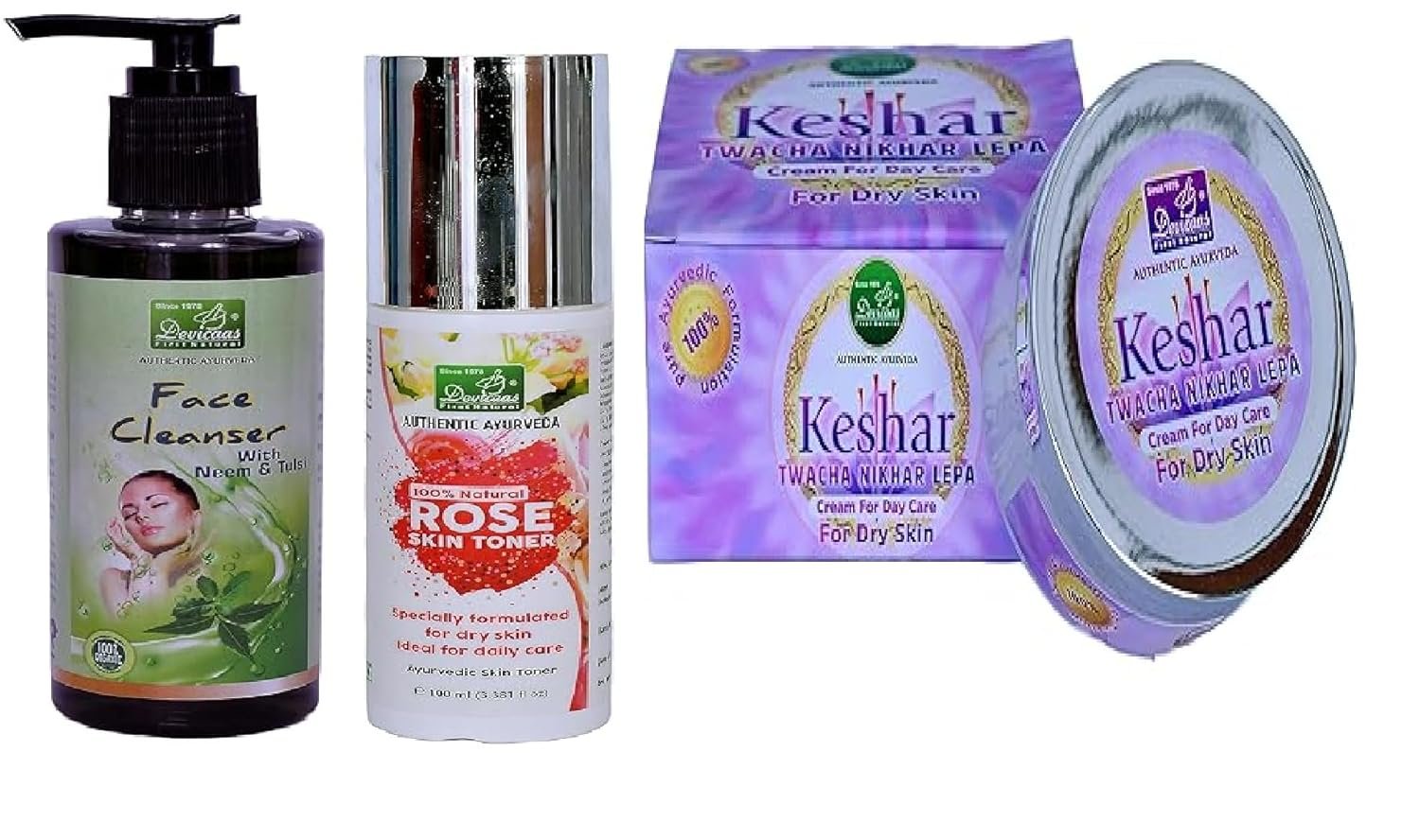 Ayurvedic Day Care Skin Routine Combo – Keshar Lepa 50g + Rose Skin Toner 100ml + Neem Tulsi Face Wash 200ml | Natural Brightening, Cleansing & Hydrating Daily Skin Care Kit
