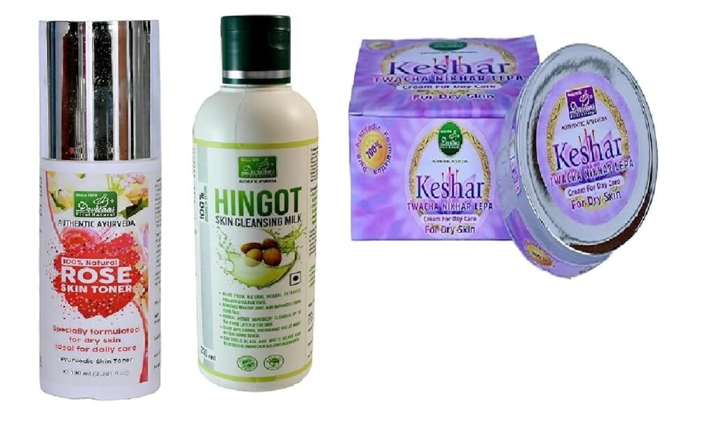 Ayurvedic Normal to Dry Skin Care Combo – Rose Skin Toner 100ml + Keshar Twacha Nikhar Lepa 50g + Hingot Skin Cleansing Lotion 120ml | Natural Hydration, Brightening & Skin Health Kit